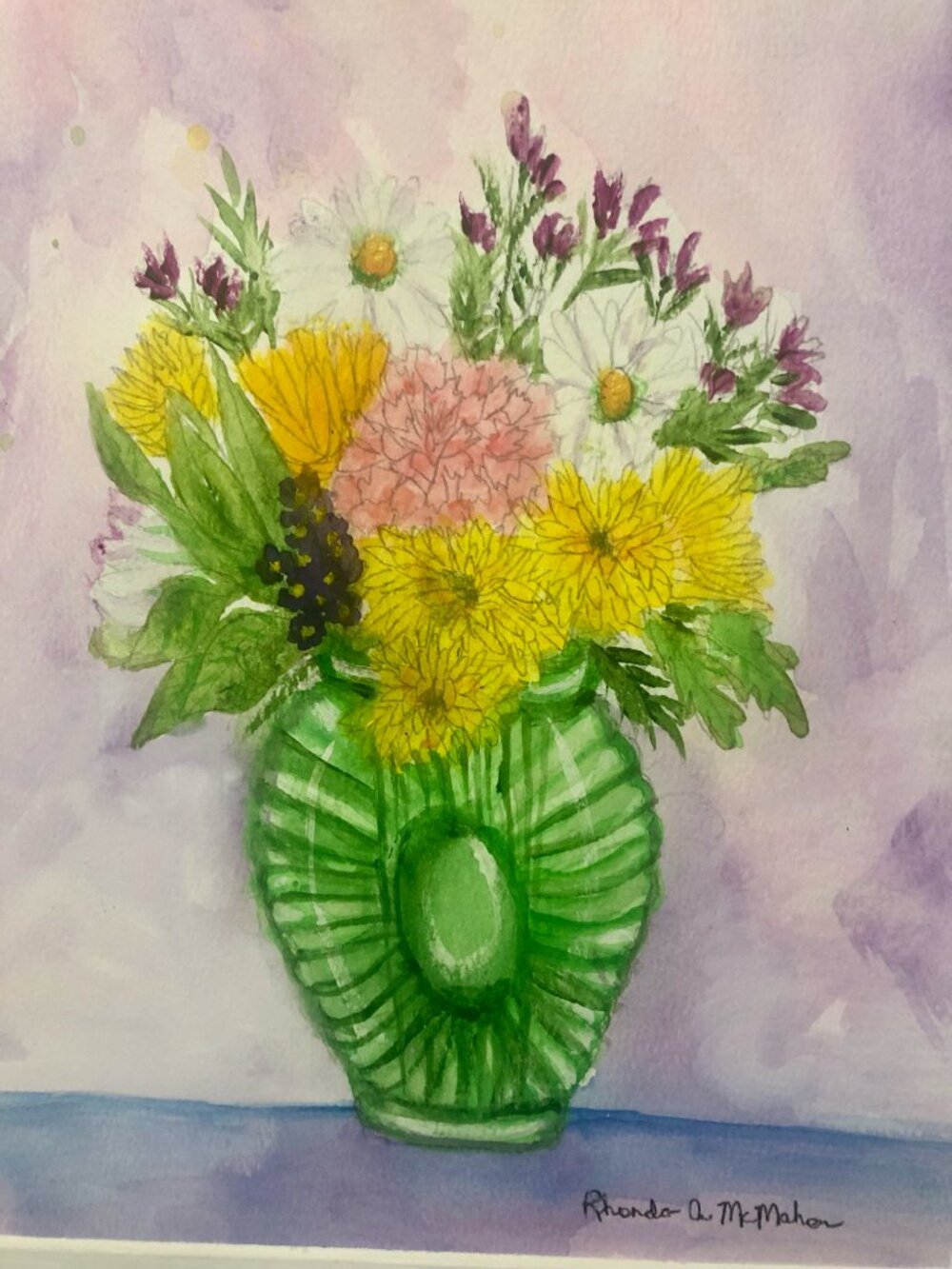 Lovely Bouquet in Green Vase Watercolor Painting